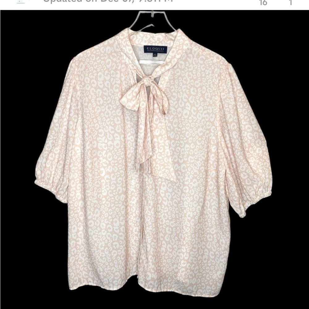 ELOQUII Women's Size 22 Soft Pink Animal Print Blouse Bow at Neck Puff Sleeves